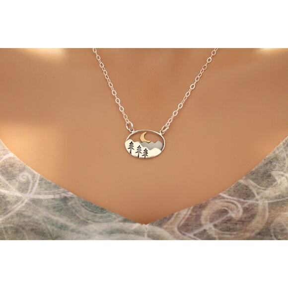 Silver Oval Mountain Pendant with Trees and Moon Necklace - Picture 1 of 6